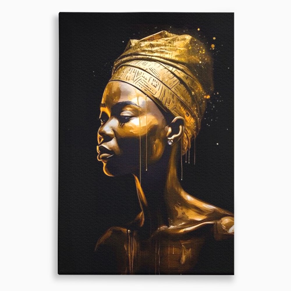 Tablou canvas cu tablou canvas cu femeie africana si turban auriu, fara rama, pe sasiu de lemn